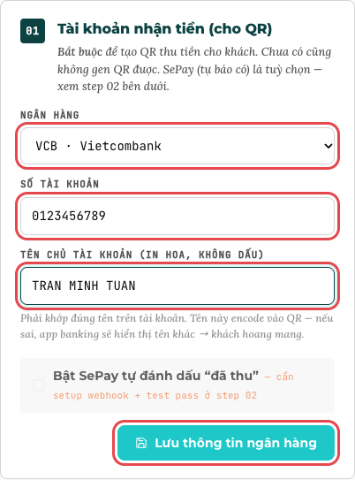 Form tài khoản nhận tiền (số liệu mẫu)