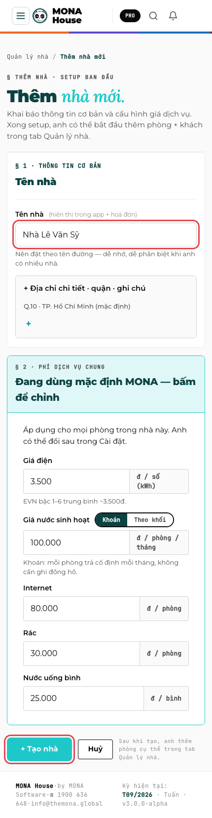 Form tạo nhà, khoanh ô Tên nhà và nút + Tạo nhà