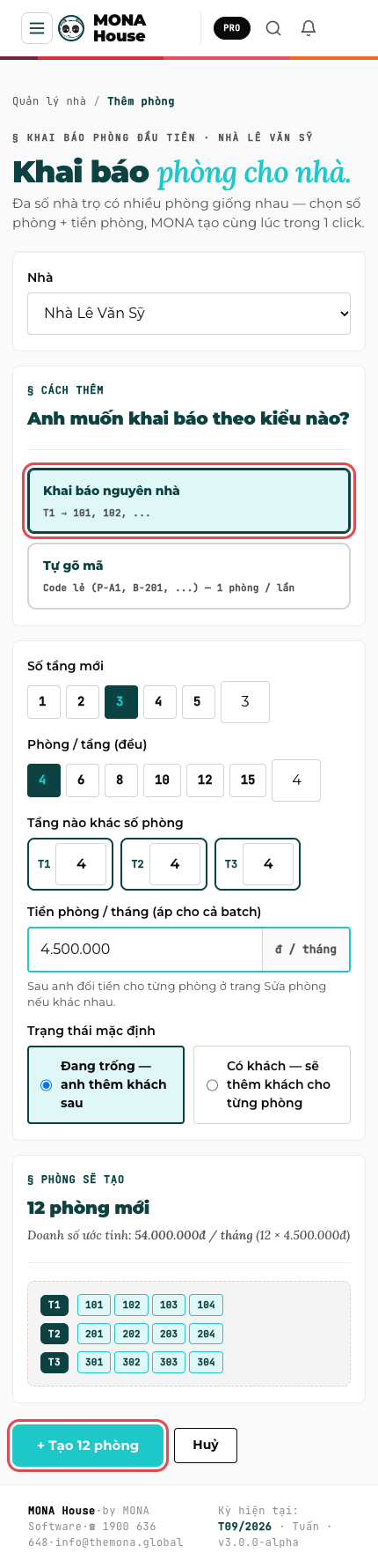 Khai báo nguyên nhà 3 tầng × 4 phòng, xem trước 12 phòng sẽ tạo