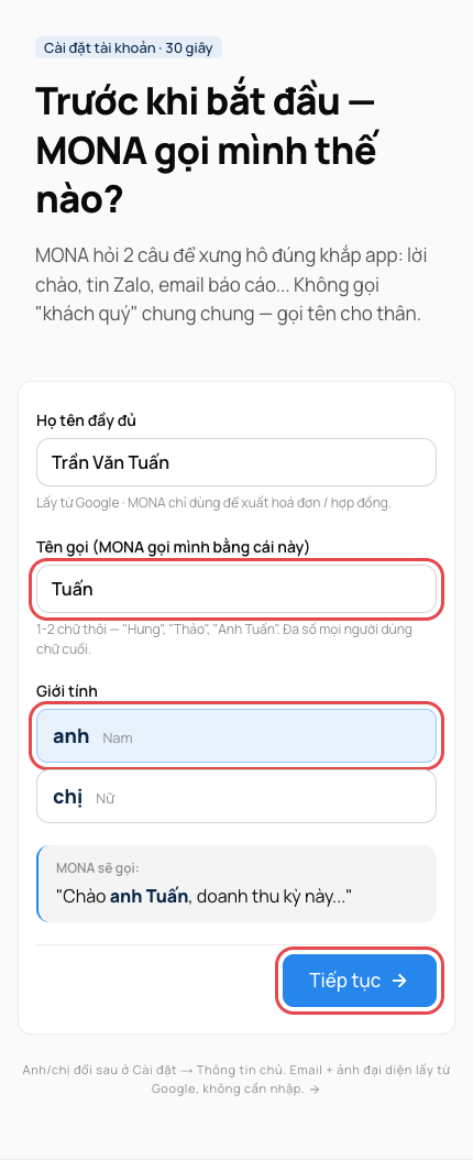 Màn chọn cách xưng hô: ô Tên gọi, chọn anh hay chị, nút Tiếp tục