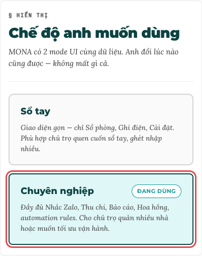Mục Hiển thị trong Cài đặt: chọn Sổ tay hoặc Chuyên nghiệp
