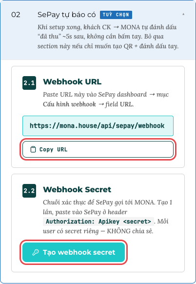 Mục 02 · SePay tự báo có: nút Copy URL và Tạo webhook secret