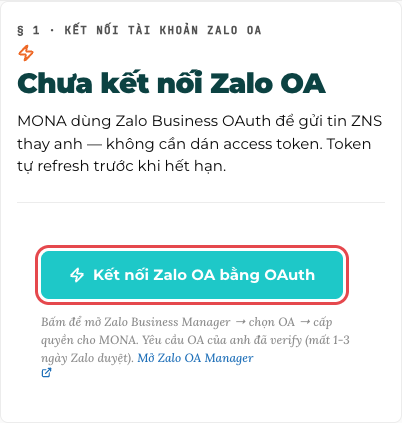Thẻ kết nối Zalo OA với nút Kết nối Zalo OA bằng OAuth
