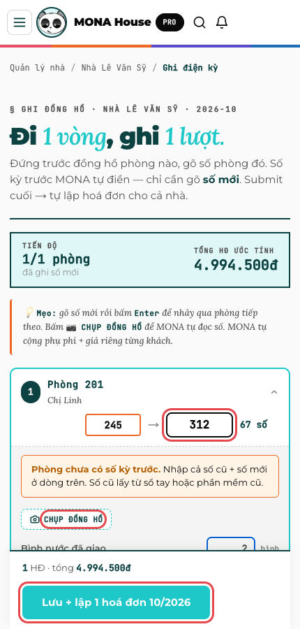 Trang ghi điện: Phòng 201 số cũ 245, số mới 312, nút Chụp đồng hồ và nút Lưu + lập hoá đơn
