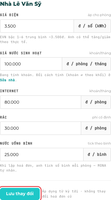 Giá điện, nước, internet, rác, nước uống của một nhà trong Cài đặt