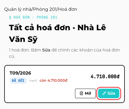 Danh sách hoá đơn của phòng, nút Sửa
