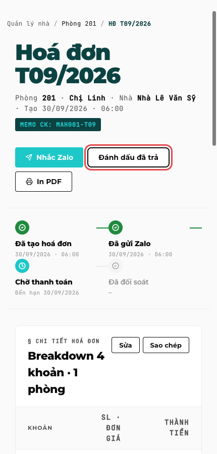 Trang hoá đơn Phòng 201 với nút Đánh dấu đã trả