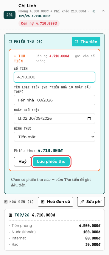 Form Thu tiền của Phòng 201 trong Sổ phòng
