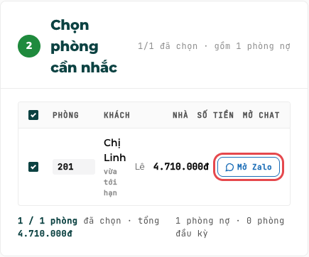 Danh sách phòng cần nhắc với nút Mở Zalo