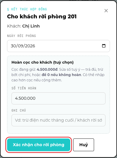Hộp Cho khách rời phòng: ngày rời, số tiền hoàn cọc, nút Xác nhận