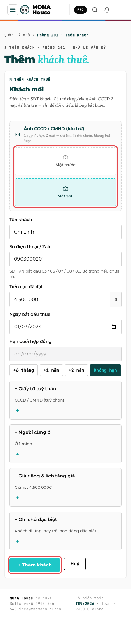 Form thêm khách: ô chụp CCCD hai mặt và nút + Thêm khách