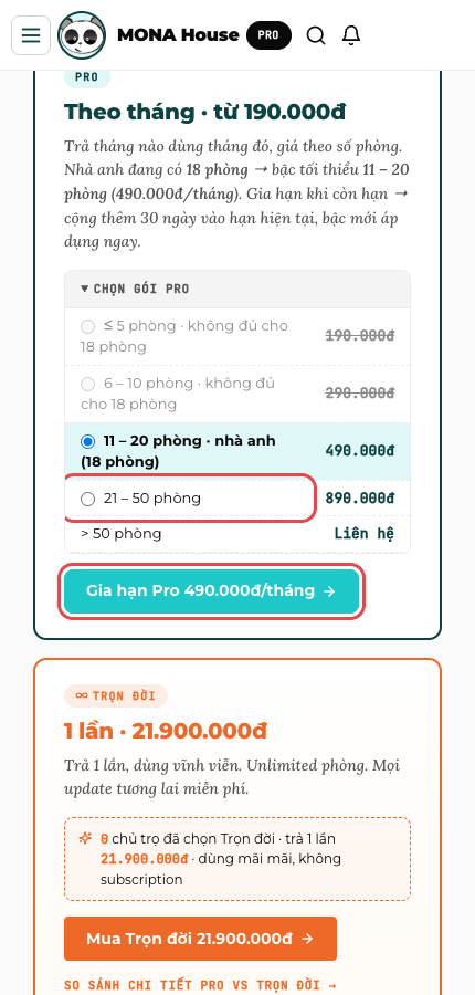 Chọn bậc Pro theo số phòng và nút gia hạn