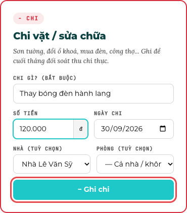 Form Chi vặt / sửa chữa: gõ khoản chi rồi bấm − Ghi chi