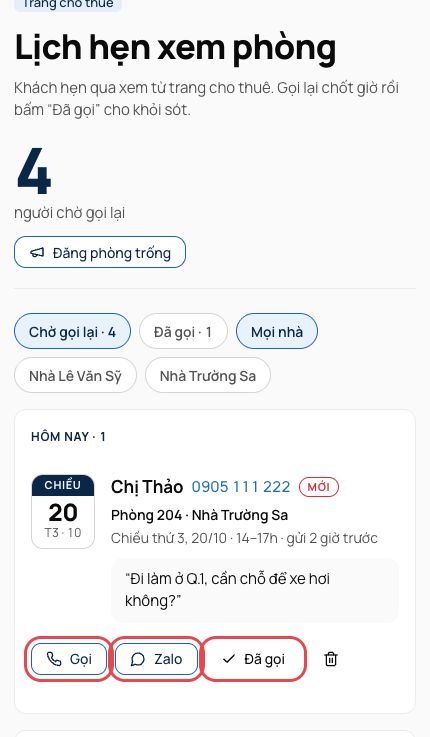 Trang Lịch hẹn xem phòng: lịch chia theo ngày, nút Gọi, Zalo, Đã gọi
