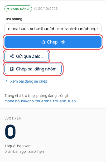 Khung Link phòng: nút Chép link, Gửi qua Zalo, Chép bài đăng nhóm và số lượt xem